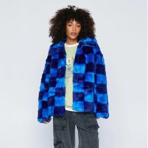 ISO NASTYGAL Premium Blue Checkerboard Faux Fur Coat